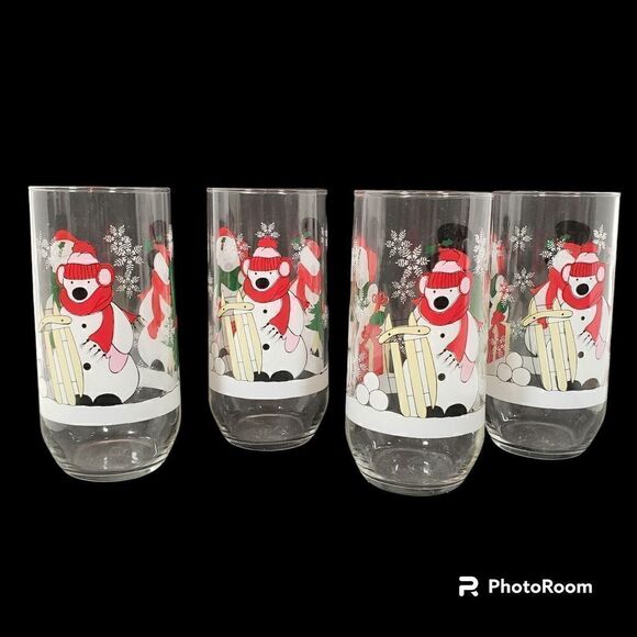 Vintage Luminarc Christmas Polar Bear Drinking Glasses Tumblers Set Of 4 Holiday - Picture 2 of 6